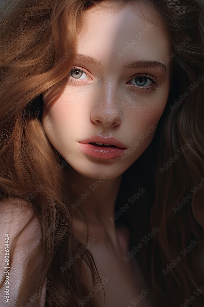 Thoughtful young woman with long wavy hair Thoughtful young woman with long wavy hair