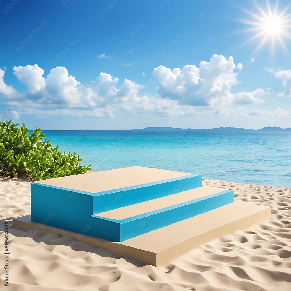 Fototapeta premium Beach podium summer background sand product 3D sea display platform. Beach podium summer banner stand scene sale sky holiday vacation stage water island sun travel pedestal promotion presentation ad.