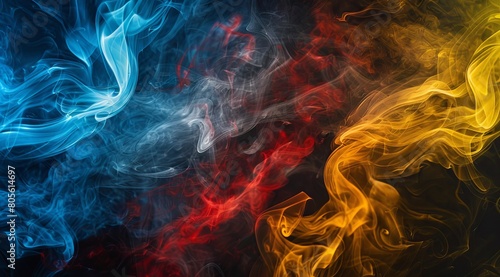 Colorful smoke on a black background, in colors of red, blue and yellow.