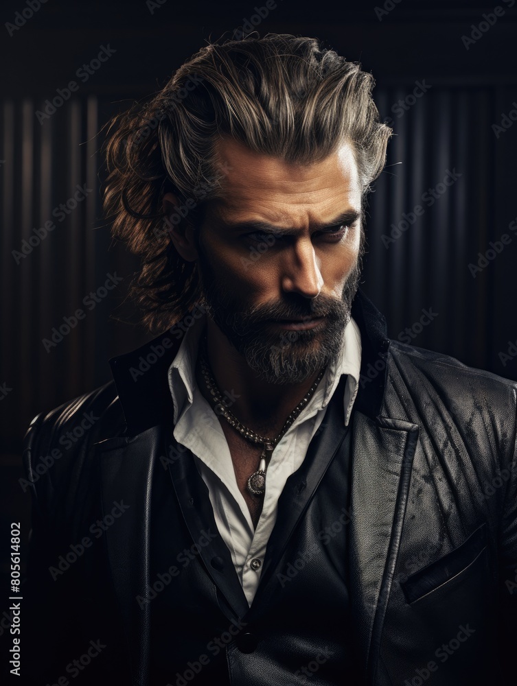 Fototapeta premium Dramatic portrait of a rugged, bearded man in a leather jacket