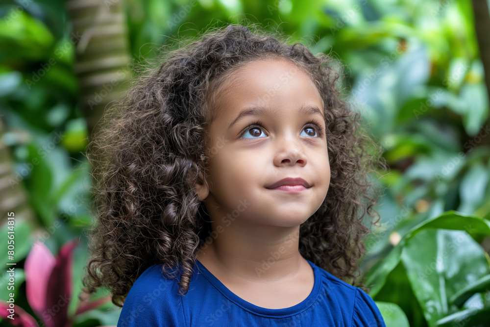 A portrait of an adorable little girl with curly hair, wearing a blue t-shirt and smiling at the camera, in front of green plants, brown eyes A portrait of an adorable little girl with curly hair, wearing a blue t-shirt and smiling at the camera, in front of green plants, brown eyes