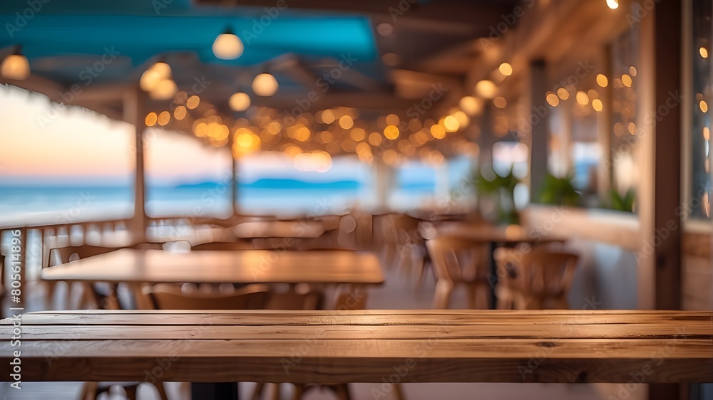 Wooden table with bokeh lighting and a blurry beach cafe background made with generative artificial intelligence