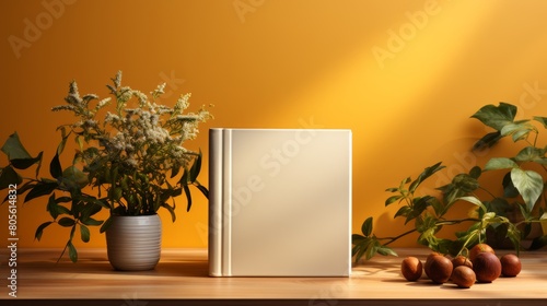 Blank book mockup with plant on wooden table and yellow wall