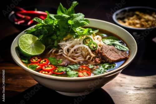 Delicious Vietnamese pho noodle soup with beef, vegetables, and lime