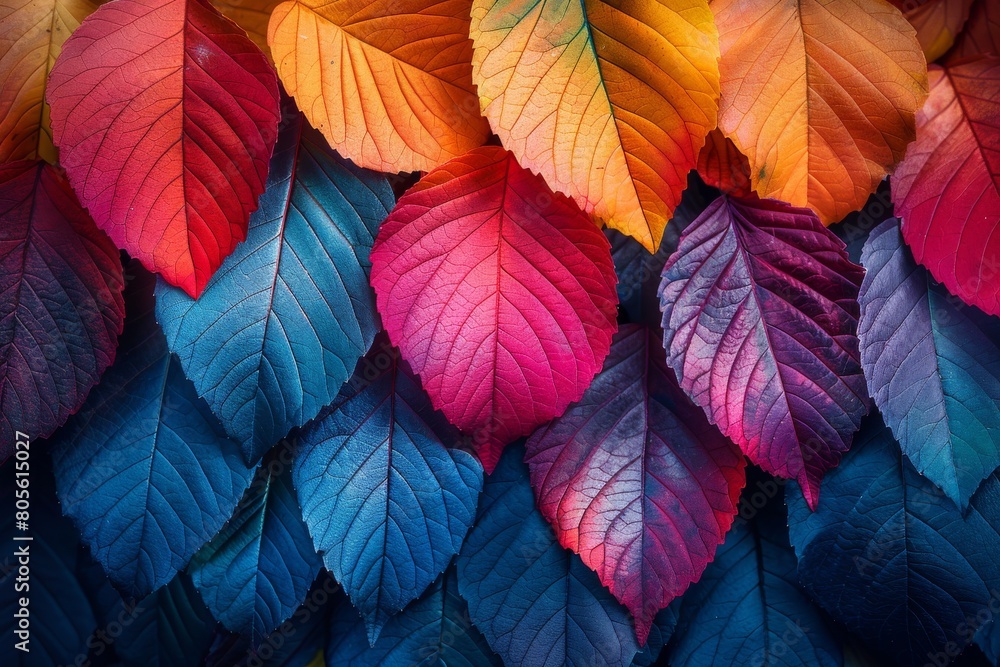An image displaying a beautiful arrangement of leaves with a striking color gradient effect from warm to cool tones