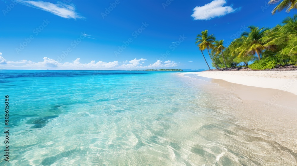 Tropical beach with crystal clear waters and palm trees