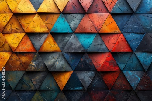 A vibrant geometric background with multi-colored triangular panels arranged in a unique, textured pattern