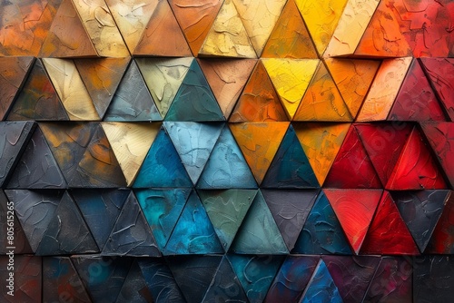 Striking wall art with textured geometric triangles in various shades of orange, red, and blue