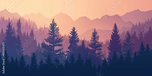 Mountain silhouette with trees against a sunset sky in the highlands photo