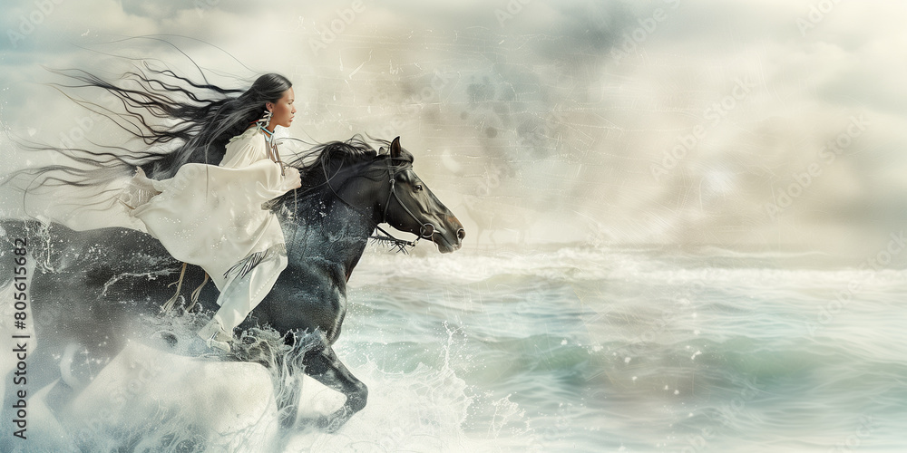 With a tranquil, ethereal setting enveloping them, a beautiful young Native American woman and her black horse move as one, the soft background enhancing the sense of serenity as h With a tranquil, ethereal setting enveloping them, a beautiful young Native American woman and her black horse move as one, the soft background enhancing the sense of serenity as h