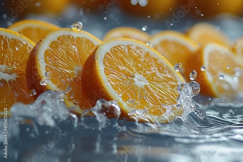 Dynamic and vivid  this image showcases sliced oranges surrounded by scattering water drops  evoking the essence of purity and nature