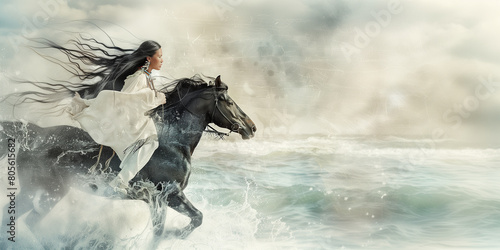 With a tranquil, ethereal setting enveloping them, a beautiful young Native American woman and her black horse move as one, the soft background enhancing the sense of serenity as h