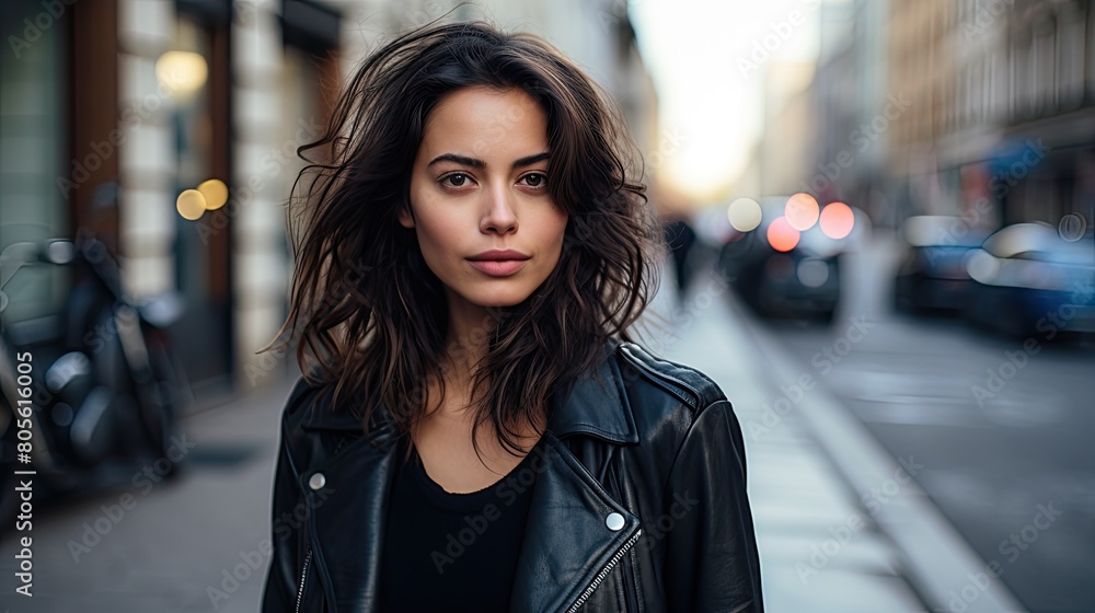 beautiful woman in black leather jacket on city street beautiful woman in black leather jacket on city street