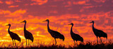 Graceful sandhill cranes stand out against a fiery sunset, casting beautiful silhouettes in the sky.