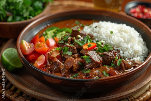 Appetizing image of a spicy beef curry paired with rice and garnished with fresh herbs on a wooden table