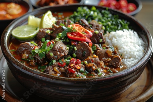 An inviting meal set of beef curry with sides of rice and greens, arranged on a wooden table