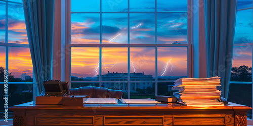 Elegant business minimalistic photo of a nice wooden executive desk in the President of the United States office with congressional papers stacked on the desk. Soft sunset lightnin photo