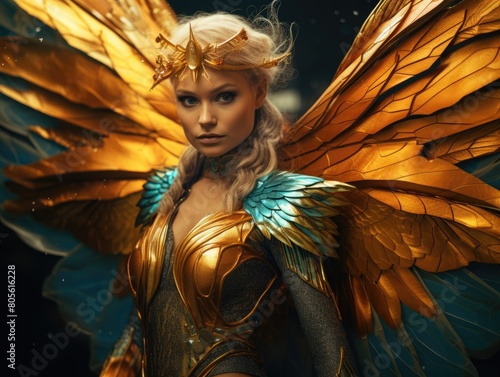 Powerful mythical creature with golden wings and armor