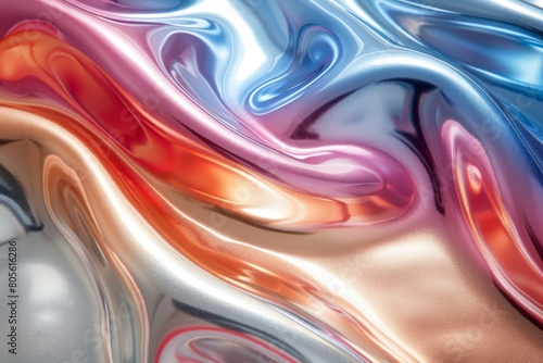 Dynamic and colorful, the image displays a flow of red, blue, and silver hues intertwined in a liquid-like pattern