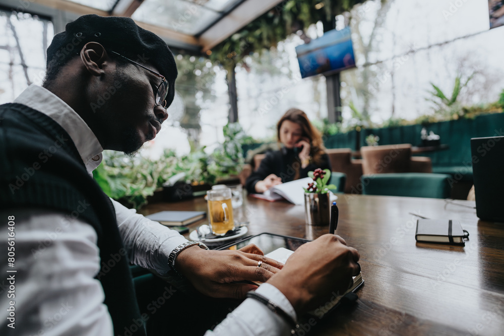Young entrepreneurs collaborating in a stylish urban coffee shop setting.