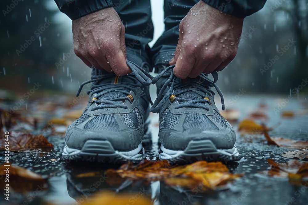 A runner ties his grey sneakers on a wet, leaf-strewn path, capturing the determination amidst rainy conditions