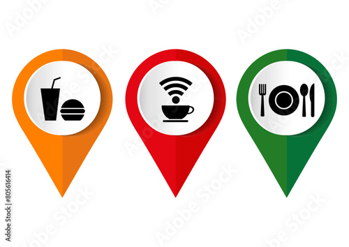 Restaurant take out and delivery food and drink map pointer thin line Icon set