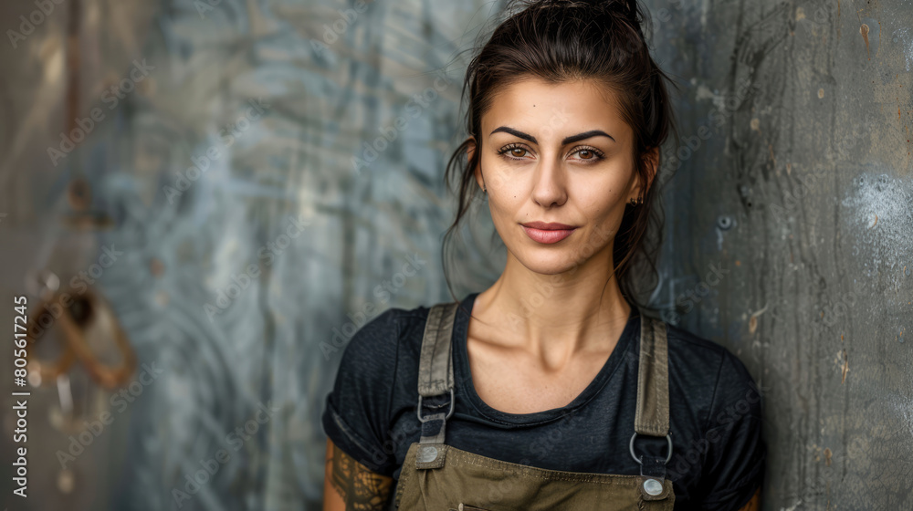 A woman mechanic against the background of a cement wall in a work suit. A woman mechanic against the background of a cement wall in a work suit.