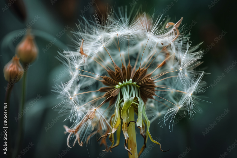 Fototapeta premium Closeup of the seeds and fluff on an old dandelion, with its roots visible at its core
