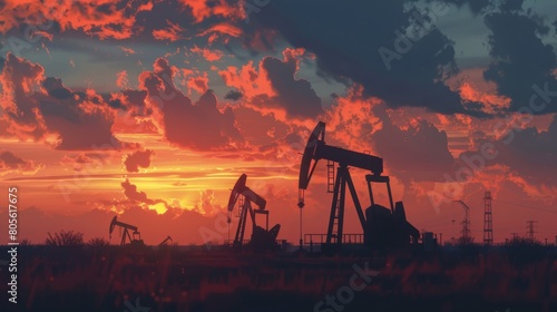 Oil field pump jacks against sunset sky background, silhouettes of oil jack and cloudy sky at dusk time.