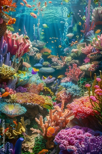 A vibrant coral garden teeming with life in the depths of the ocean. Various species of fish dart among the corals, creating a lively and colorful underwater ecosystem