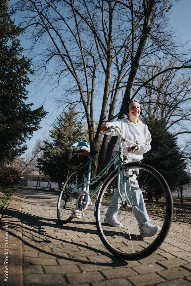 Fototapeta premium A young woman with headphones on smiles broadly while riding a classic bike, enjoying music and sunshine in a serene park setting.