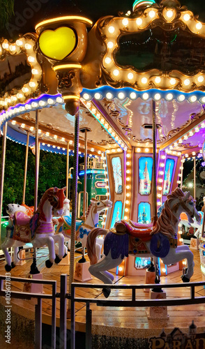 Carousel in an amusement park. Horses on a traditional vintage carousel in an amusement park in Brazil. Carousel with horses