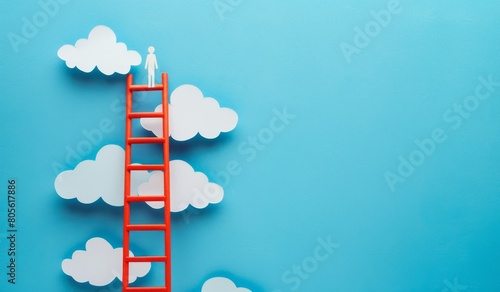 Photo of a ladder leading to clouds on a blue background, symbolizing the journey from traditional marketing to digital. photo