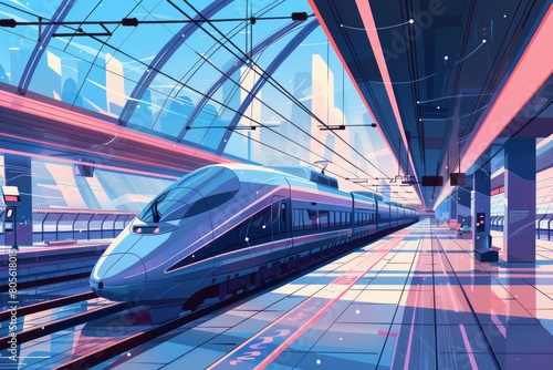 A white train is seen traveling through a futuristic high-speed train station with sleek lines and modern architecture. Passengers are boarding and disembarking as the train arrives and departs photo