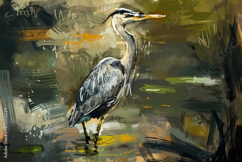 A heron bird is depicted in a painting, standing gracefully in the water near the ponds edge photo
