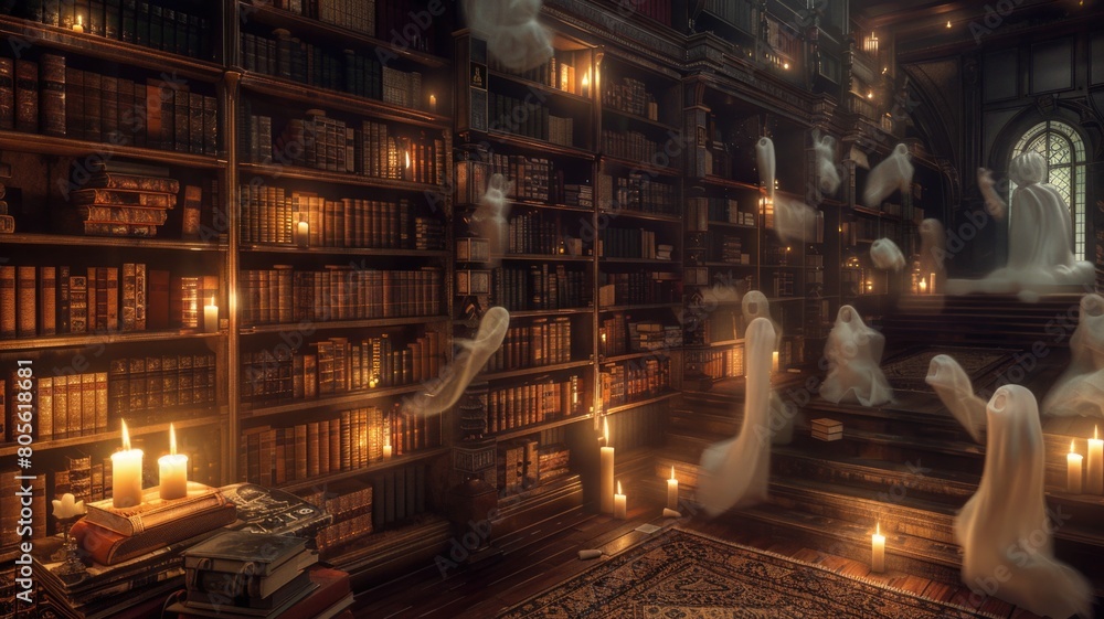 enchanted Halloween library where books float off the shelves and pages form ghostly figures and mysterious spells, lit by candlelight