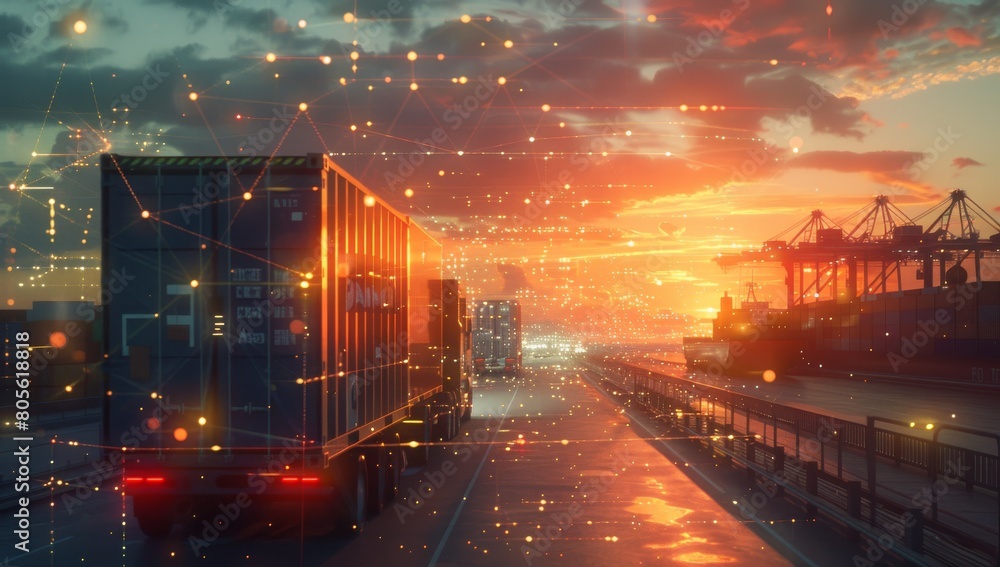 Obraz premium Sleek digital rendering of an open trucking container on the highway, with global network and connectivity symbols floating above it.