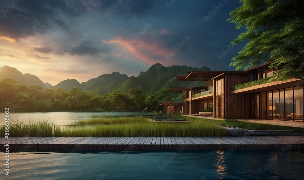 Fototapeta premium Wooden house on the shore of the lake with mountains as a backdrop