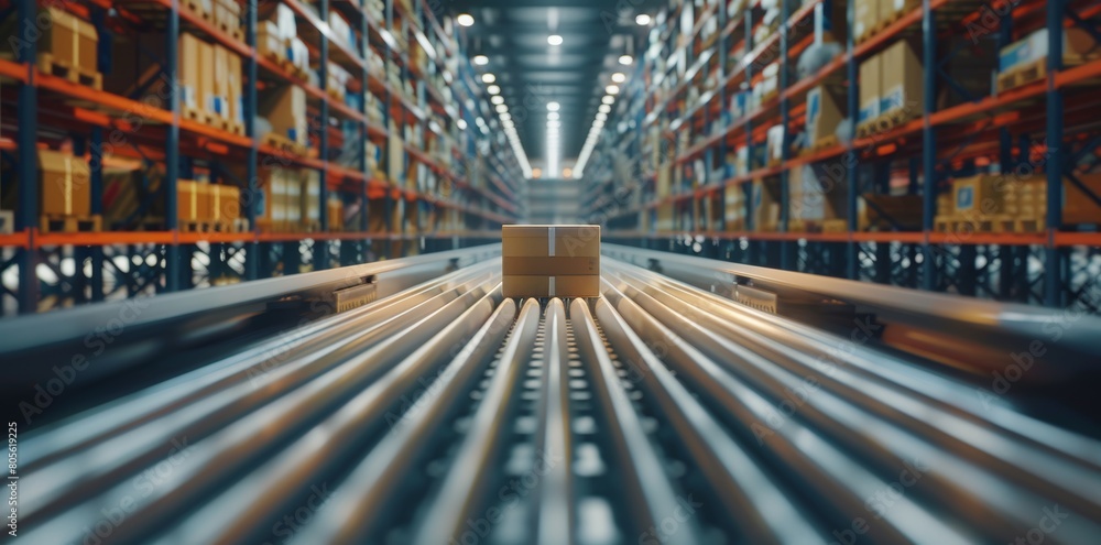 Conveyor belt in the warehouse with boxes on it is blurred against the background of rows and columns filled with various goods, creating an atmosphere of fast modern technology and online ordering. Conveyor belt in the warehouse with boxes on it is blurred against the background of rows and columns filled with various goods, creating an atmosphere of fast modern technology and online ordering.