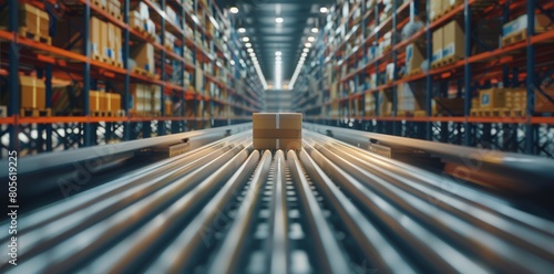 Conveyor belt in the warehouse with boxes on it is blurred against the background of rows and columns filled with various goods  creating an atmosphere of fast modern technology and online ordering.