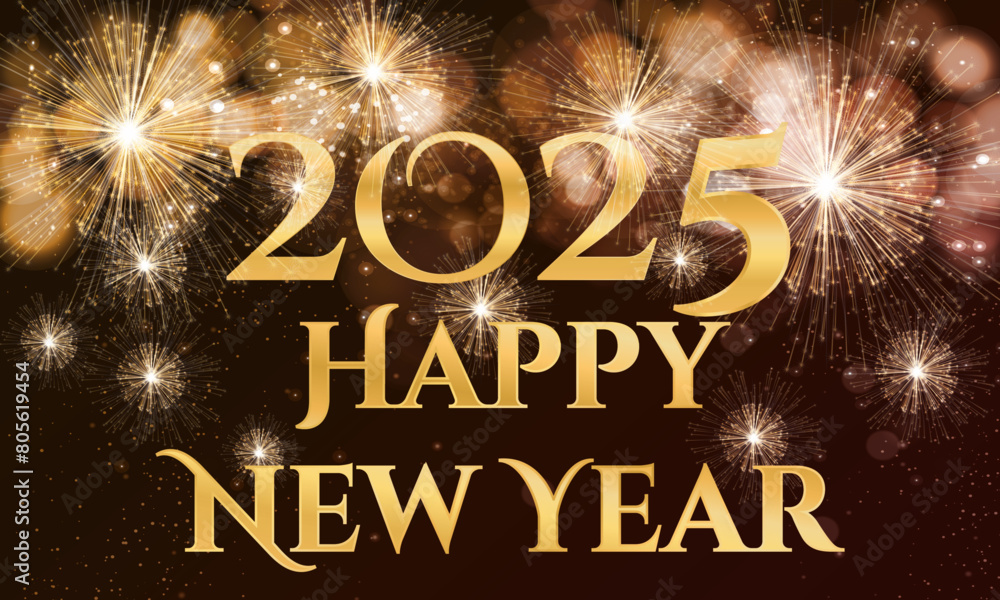 card or banner to wish a happy new year 2025 in gold on a brown to black gradient background with gold fireworks