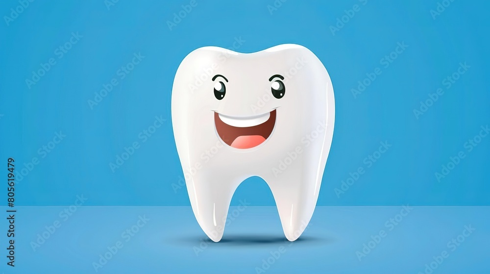 A happy, healthy tooth mascot character. The tooth is smiling and has a bright white color. It is standing in a blue background. The tooth is wearing a blue hat and a red cape. A happy, healthy tooth mascot character. The tooth is smiling and has a bright white color. It is standing in a blue background. The tooth is wearing a blue hat and a red cape.