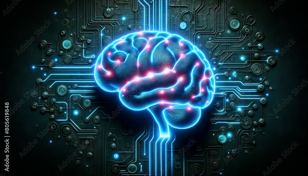 Neon digital brain in a futuristic circuit board environment. Concept of brainpower, neuroscience Neon digital brain in a futuristic circuit board environment. Concept of brainpower, neuroscience