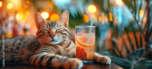 Cat beside a tropical cocktail. Young feline with a drink in a summer setting. Concept of summer relaxation, pets in leisure, holidays, summer vibes, vacation, Banner. Copy space