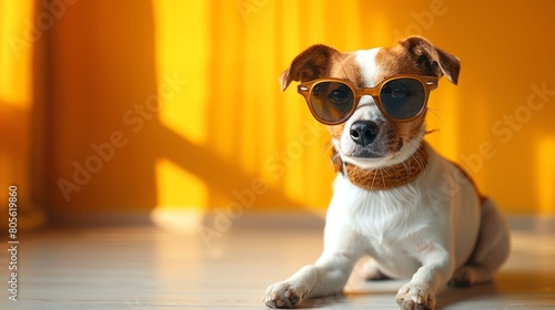 Jack Russell Terrier wearing large glasses against yellow room background. Cheerful dog with eyewear, showcasing intelligence. Concept of pet fashion, smart animals. Banner. Copy space