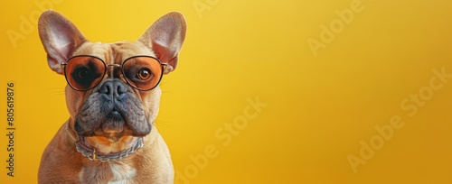 French Bulldog in stylish glasses against a yellow backdrop. dog with eyewear, showcasing intelligence. Concept of pet fashion, smart animals, canine fashion. Banner. Copy space