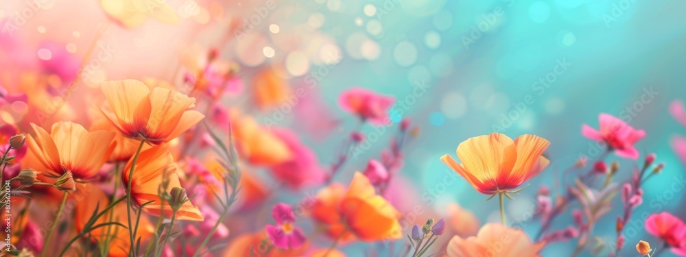 Bright summer floral background with vibrant flowers and bokeh effects. Blooming flowers with dreamy backdrop. Trendy botanical wallpaper. Festive mood. Wide banner. Copy space. Mockup for design Bright summer floral background with vibrant flowers and bokeh effects. Blooming flowers with dreamy backdrop. Trendy botanical wallpaper. Festive mood. Wide banner. Copy space. Mockup for design