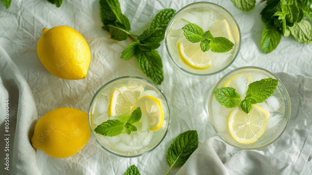 Top view of glasses with lemonade and lemons, mint leaves on grey table cloth, light background, in the style of professional food photography Top view of glasses with lemonade and lemons, mint leaves on grey table cloth, light background, in the style of professional food photography