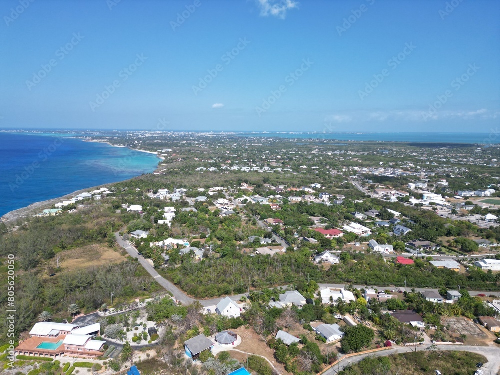 Aerial view of Bodden Town Pedro St James Savannah with iron shore community pristine blue turquoise water of the Caribbean sea ocean, Grand Cayman, Cayman Islands