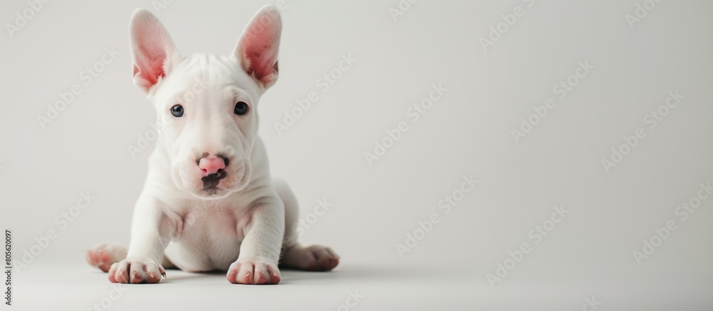 Close up, Portrait Adorable White Bull Terrier Puppy with pink nose and alert ears on White Background.